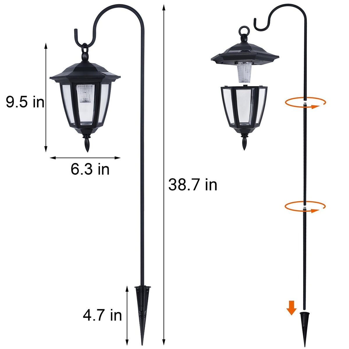 Dynaming shepherd hooks frame yard walkway at night
