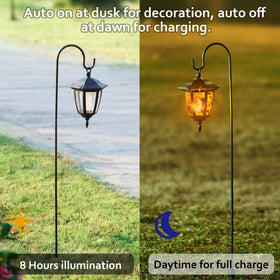 Dynaming shepherd hook set elevates yard lighting along pathways.