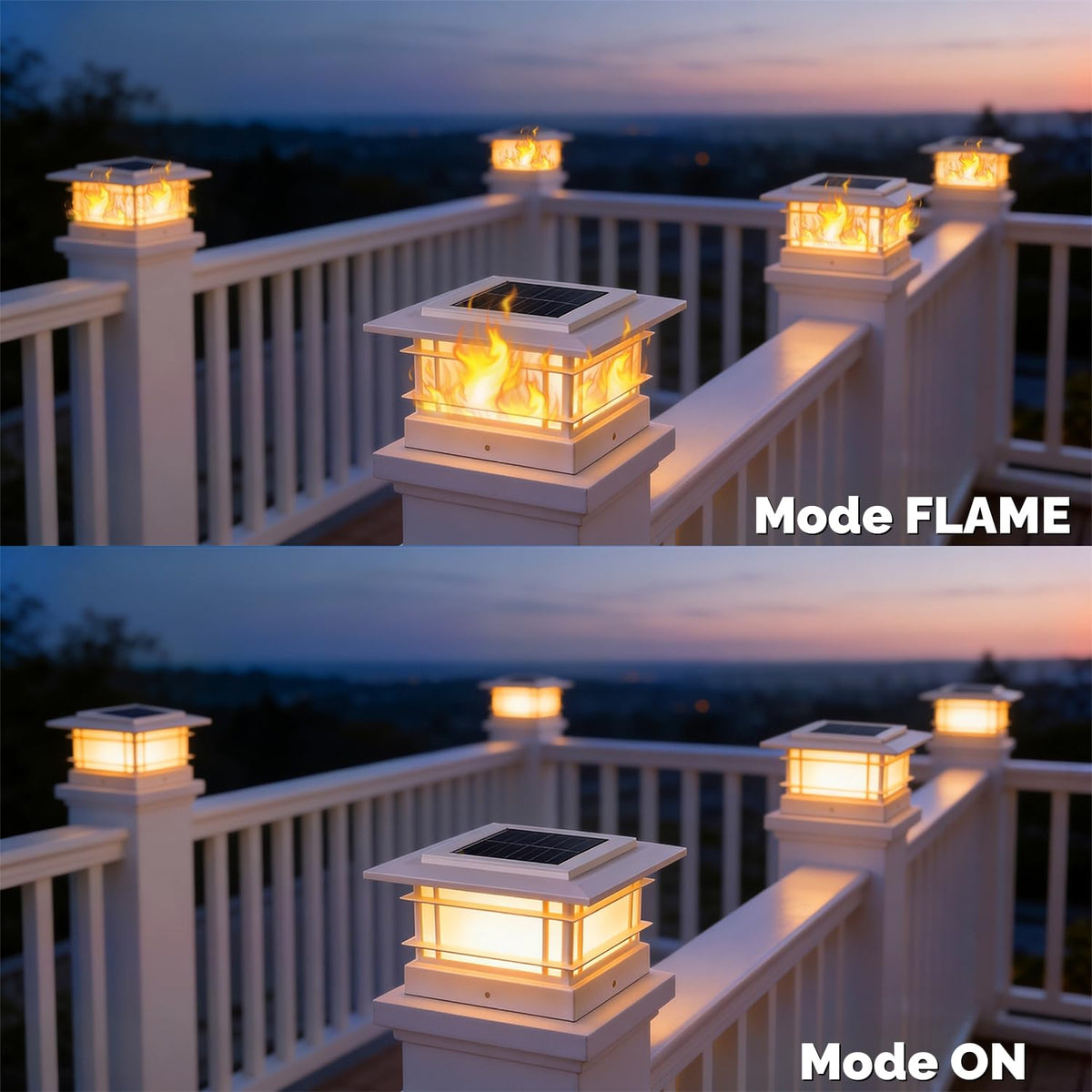 Dynaming post cap flame close-up highlights warm, flickering glow at night.