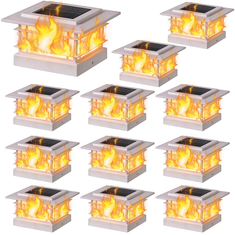 Dynaming 4x4 solar post cap light with flame effect atop a wooden post, inviting ambiance.
