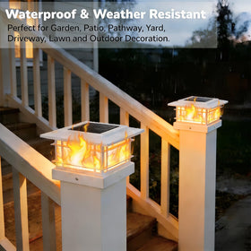 Dynaming fence post cap installed on vinyl post delivering soft exterior illumination.