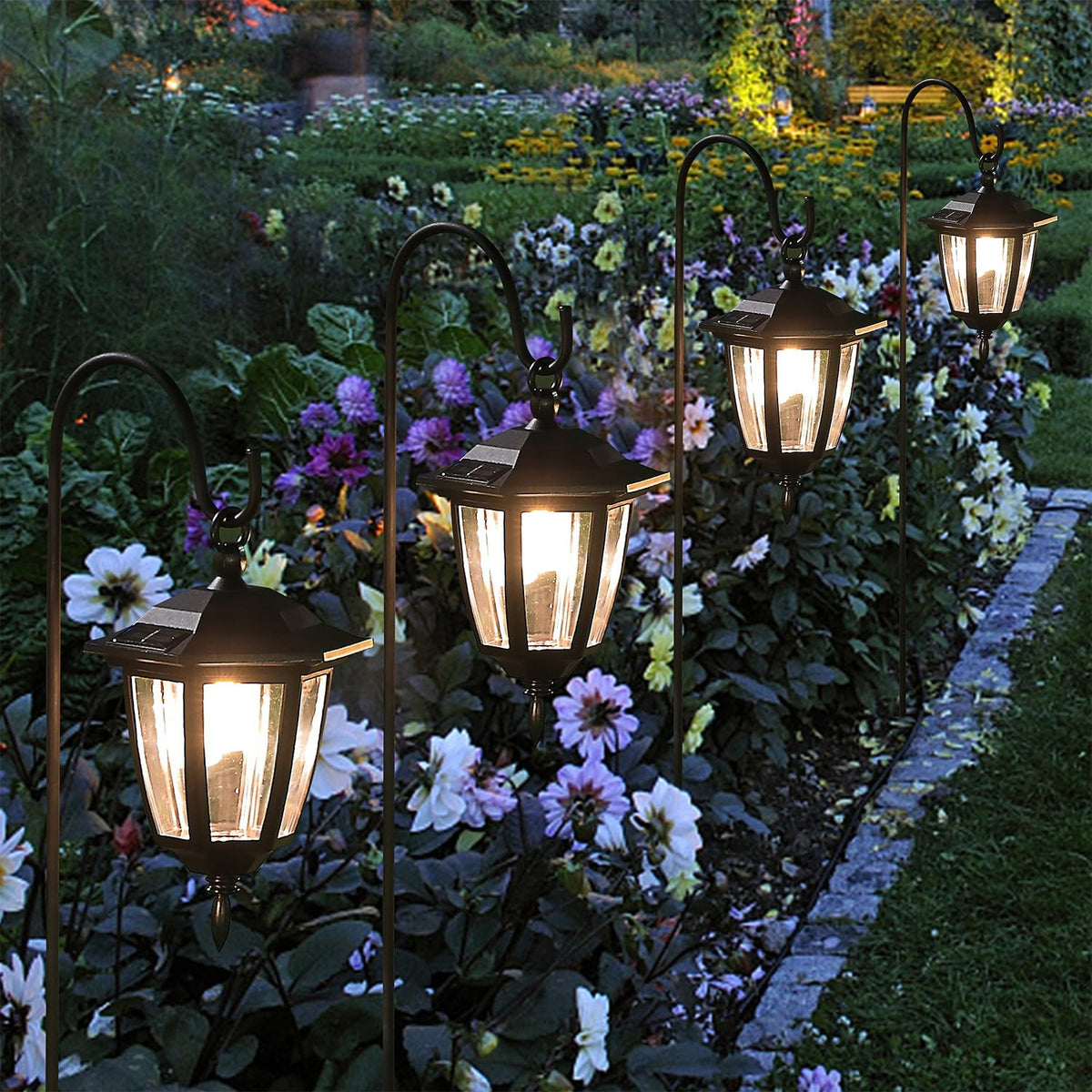 Dynaming lanterns stake easily into ground for stable placement.