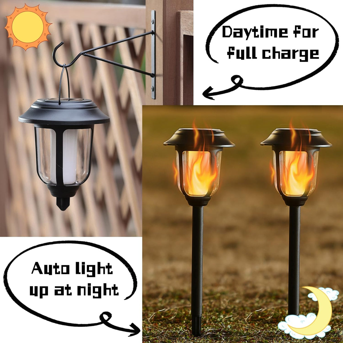 Dynaming hanging lantern light adds soft porch illumination.