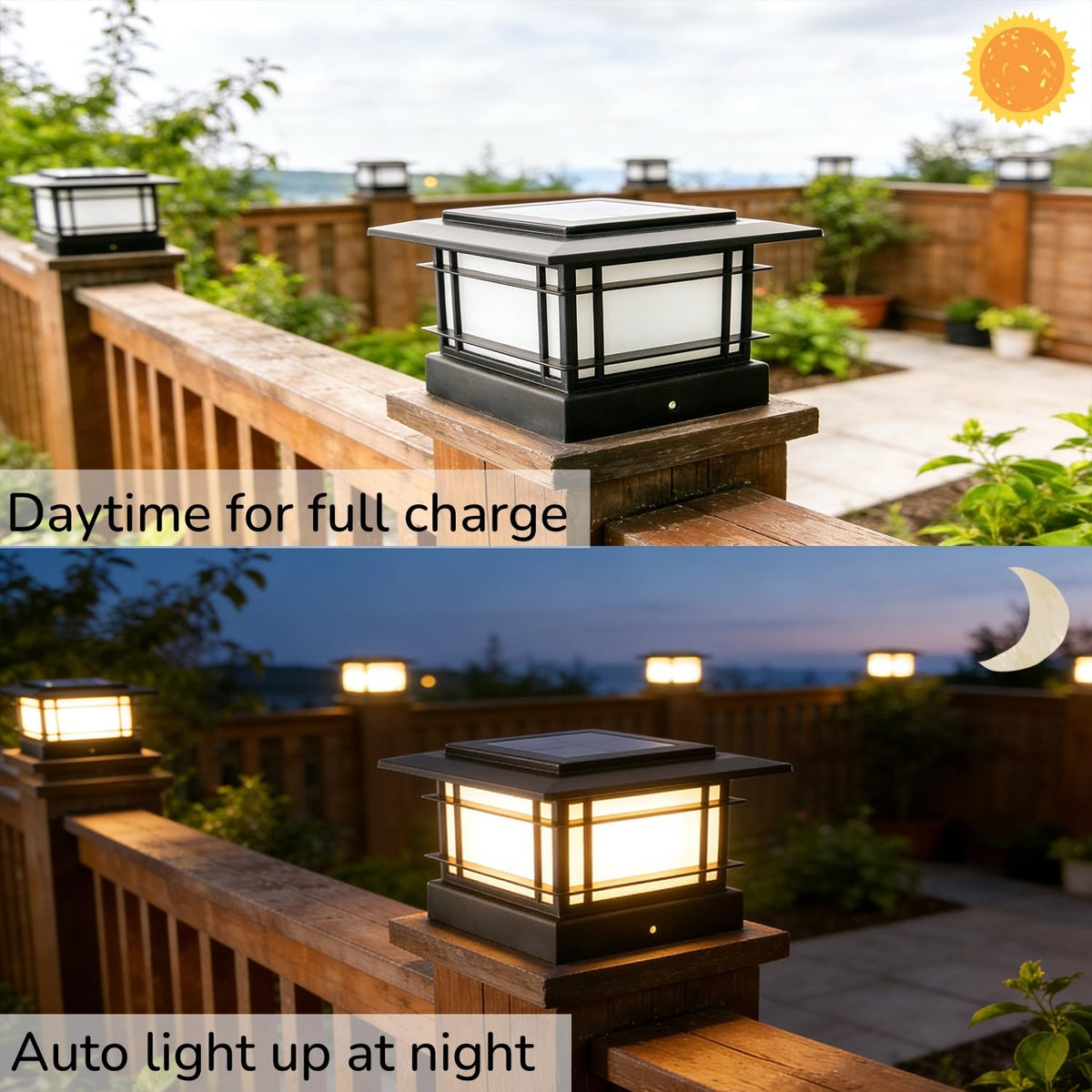 Dynaming IP44 weatherproof outdoor post light withstands rain and snow.