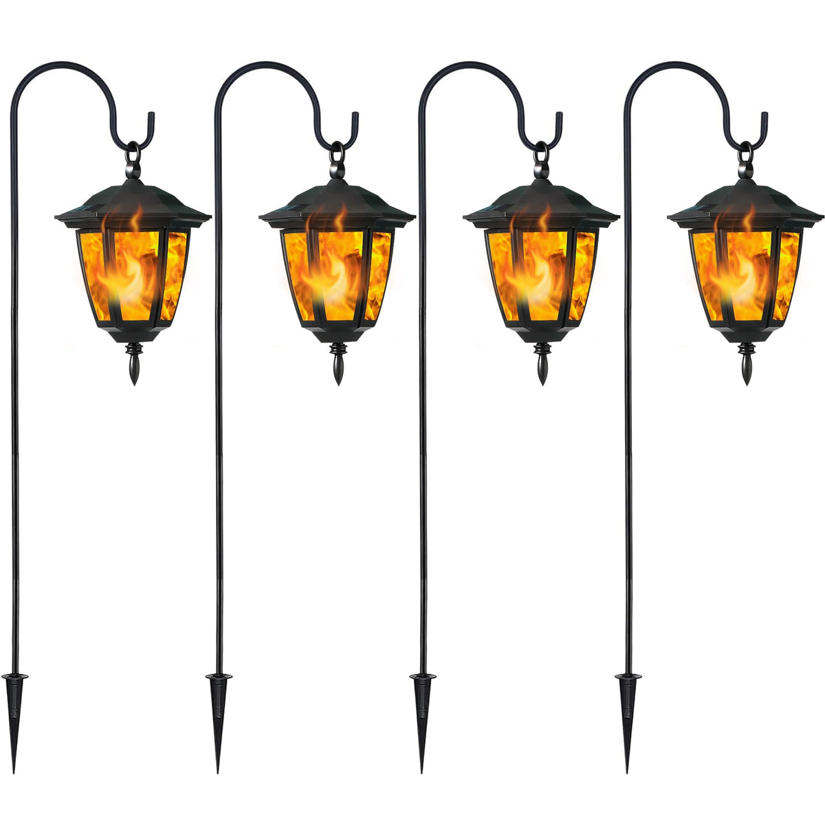 Dynaming solar flame lanterns glow along the patio at dusk for welcoming ambiance.
