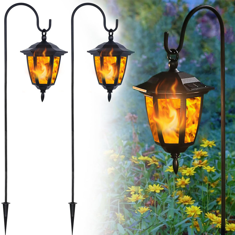 Dynaming solar flame lanterns hanging for outdoor ambiance and easy 2-pack installation.