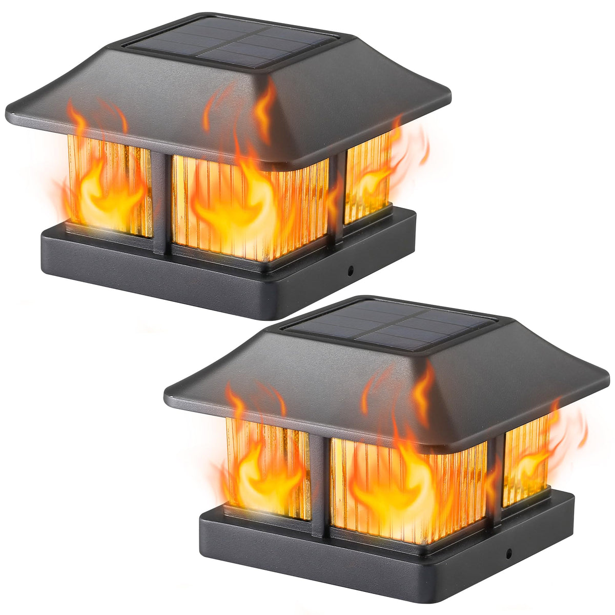 Dynaming solar flame post cap light on wood 4x4 post adds gentle garden illumination.