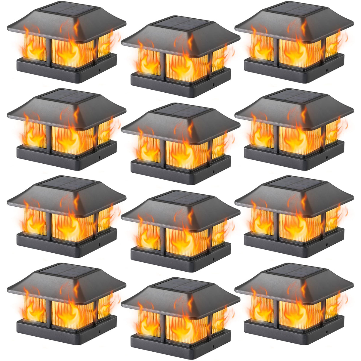 Dynaming solar flame post-cap lights front view showing warm flickering glow for pathways