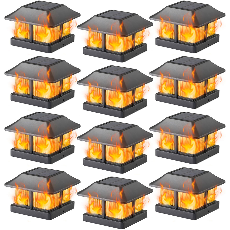 Dynaming solar flame post-cap lights front view showing warm flickering glow for pathways