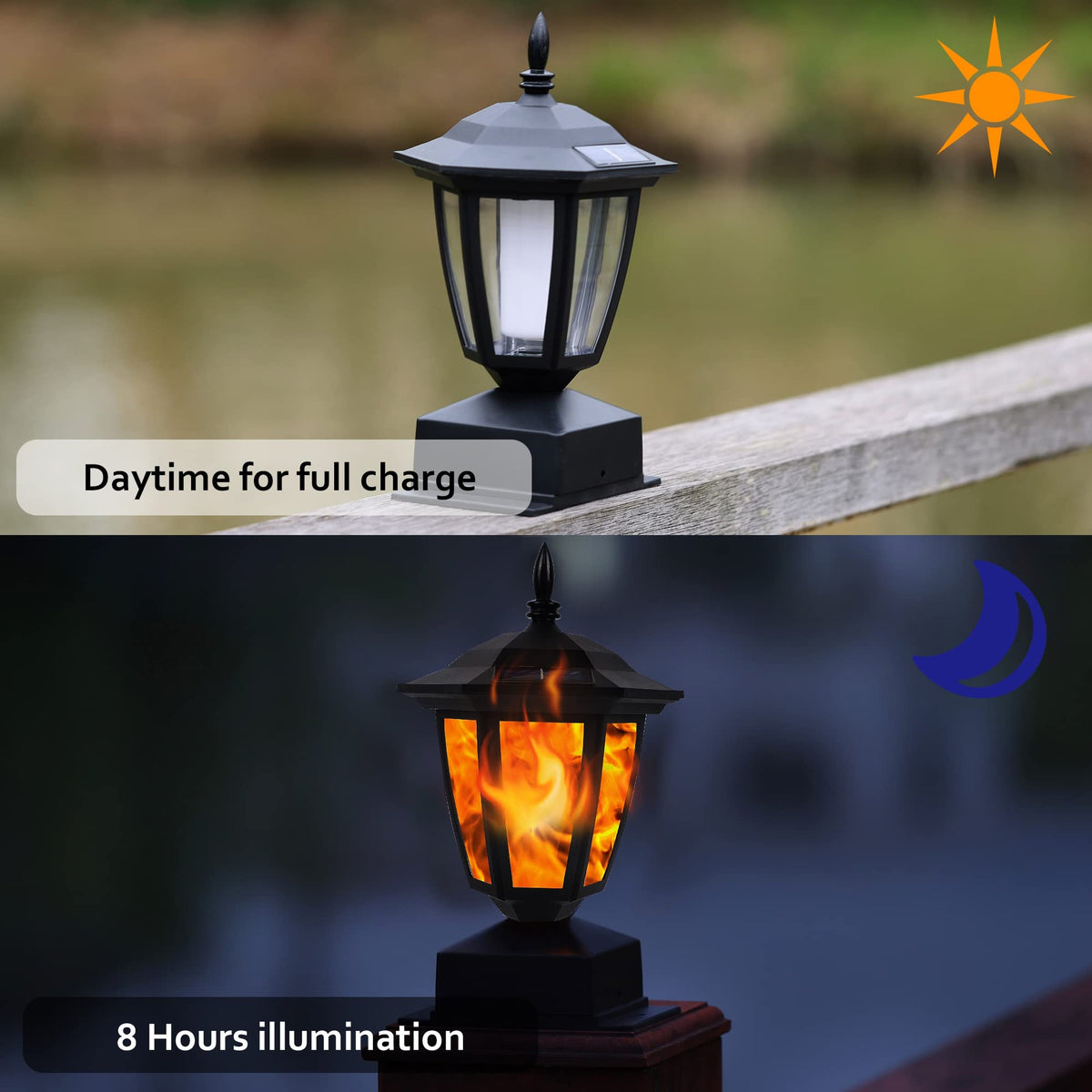 Dynaming solar flame post light installed on wood post provides safe yard illumination
