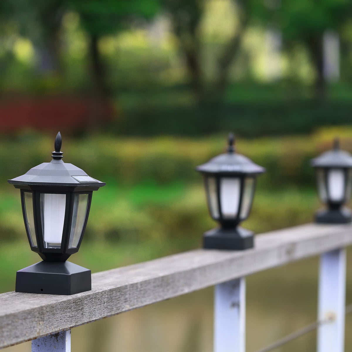 Dynaming post light on deck border creates welcoming walkway lighting