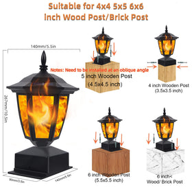 Dynaming solar flame post light on deck rail shows flickering flame for outdoor evenings