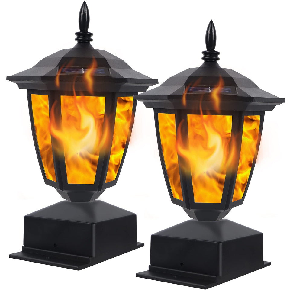 Dynaming solar flame post light packfront showcases ambient fence lighting at dusk.