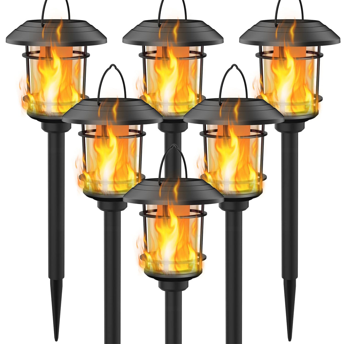 Dynaming solar flame torch on ground stake casting warm walkway glow
