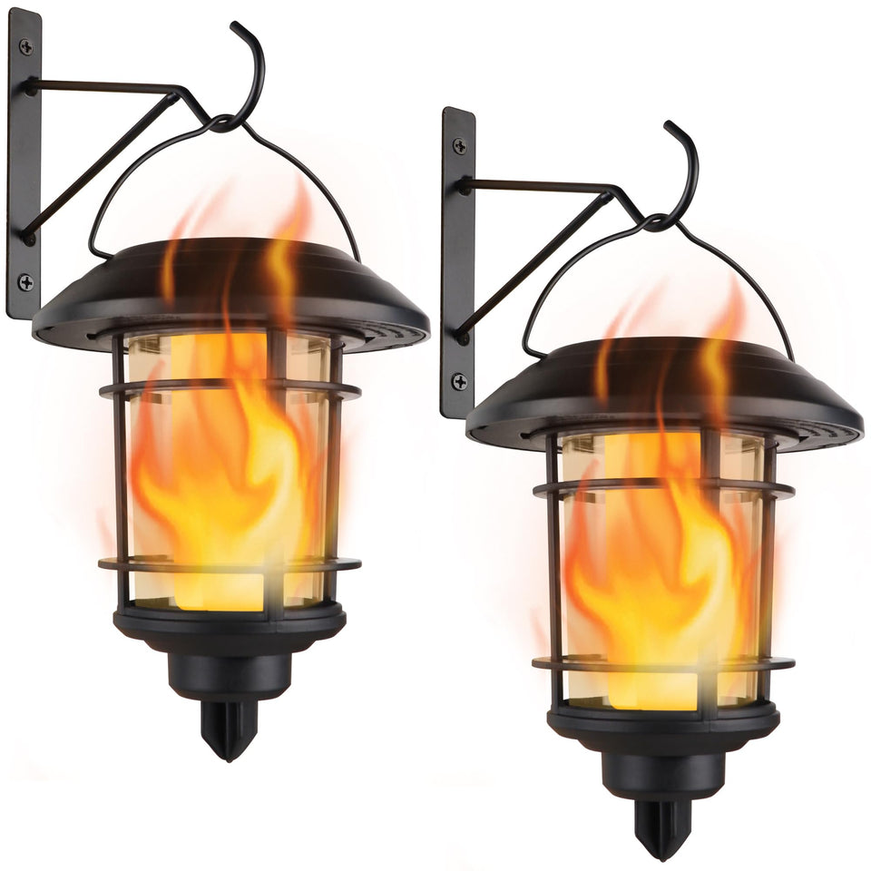 Dynaming solar flame wall lantern on wall provides welcoming ambient lighting.