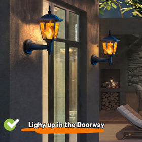 Dynaming solar flame wall lantern on porch area adds curb appeal