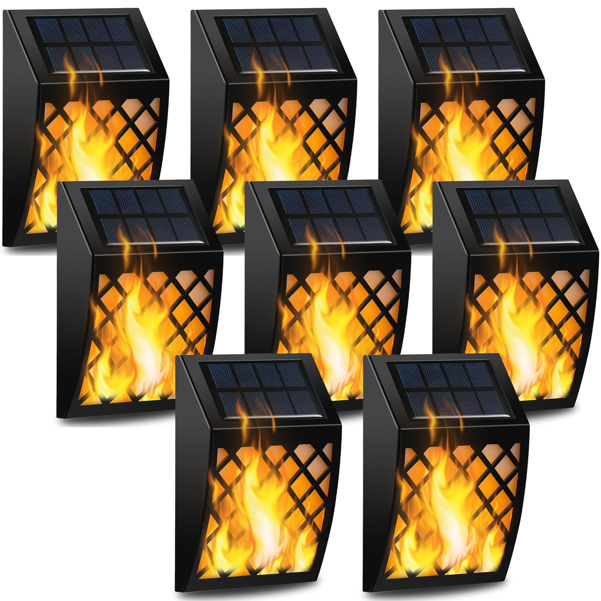 Dynaming 8-pack solar flame wall lights create garden ambience with warm flicker.
