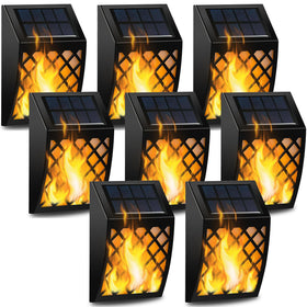 Dynaming 8-pack solar flame wall lights create garden ambience with warm flicker.