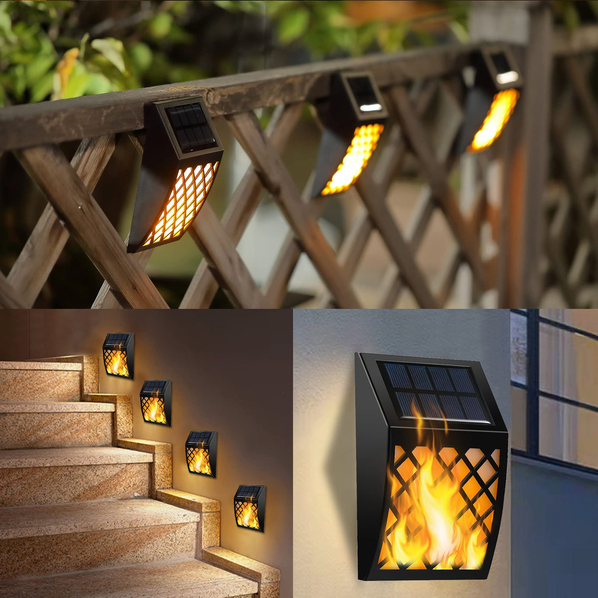Dynaming solar flame wall light on path and garden for soft guidance.
