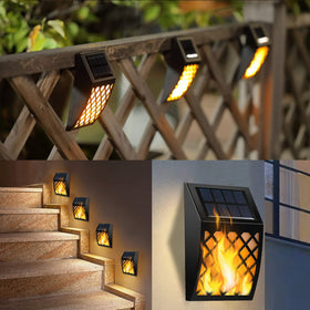 Dynaming solar flame wall light on path and garden for soft guidance.