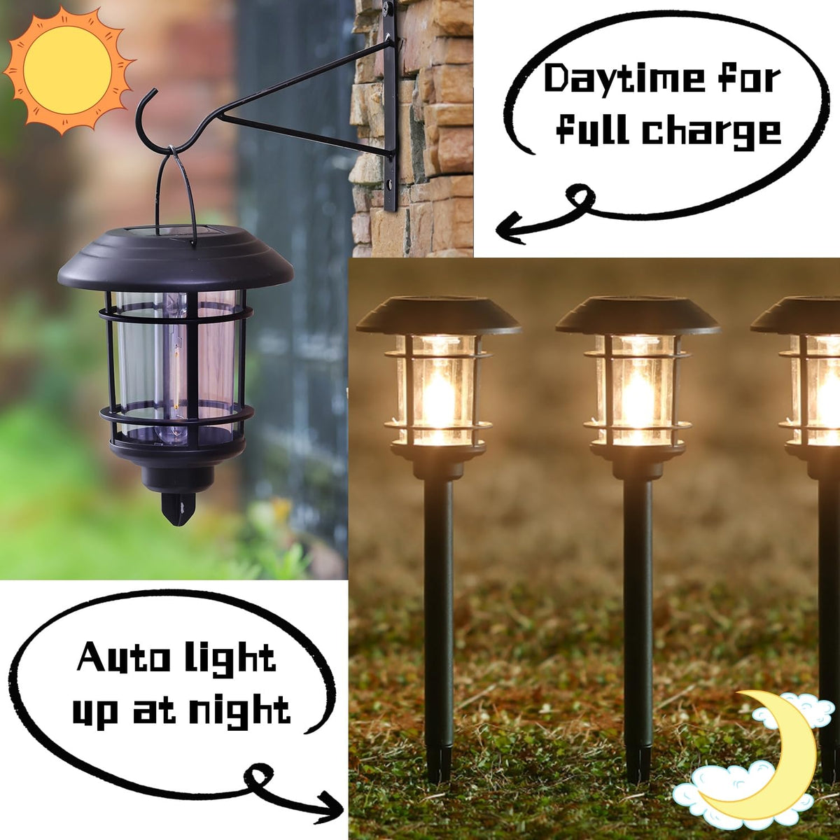 Dynaming solar hanging lantern attached to hook for ambient patio light.