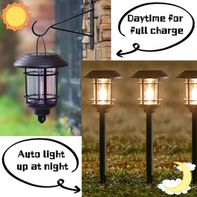 Dynaming solar hanging lantern attached to hook for ambient patio light.