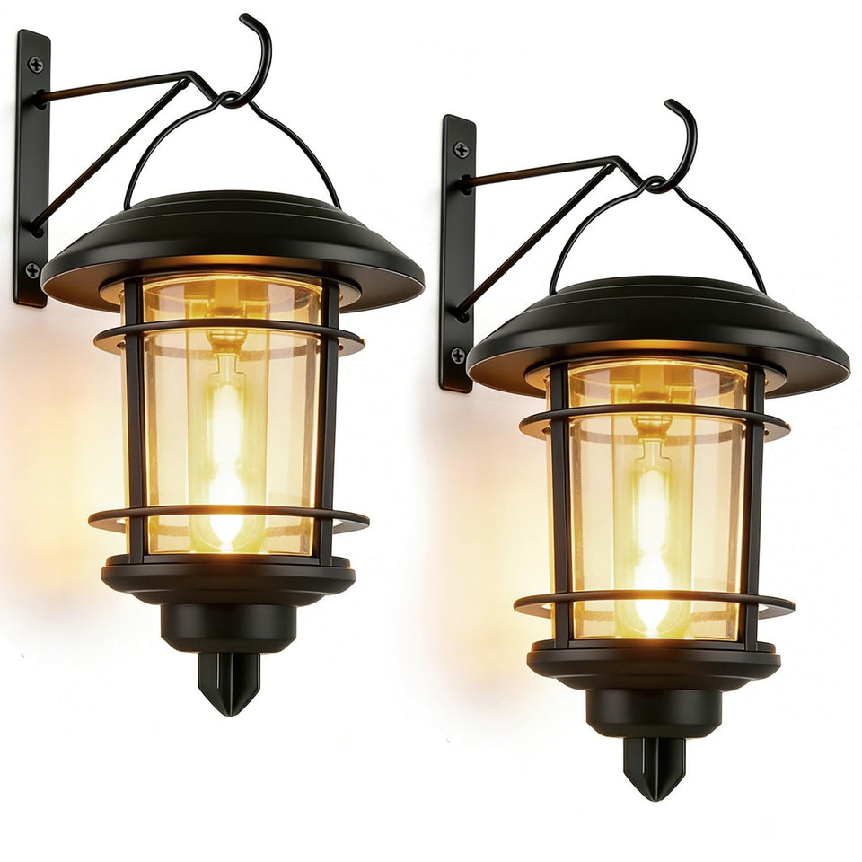 Dynaming solar lantern wall-mount glows warmly, enhancing porch ambiance.