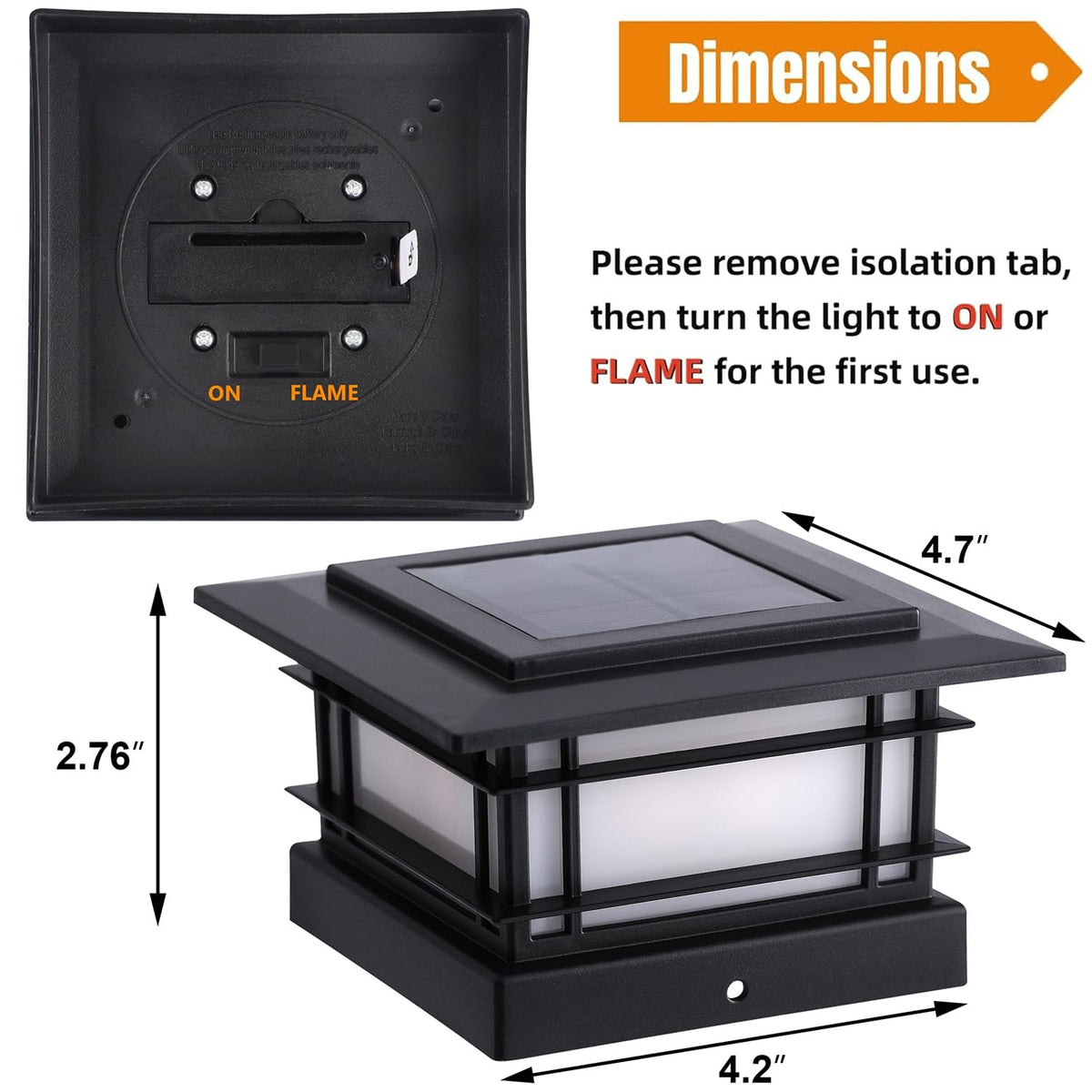 Dynaming solar panel integrated with post cap light for solar charging.