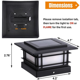 Dynaming solar panel integrated with post cap light for solar charging.