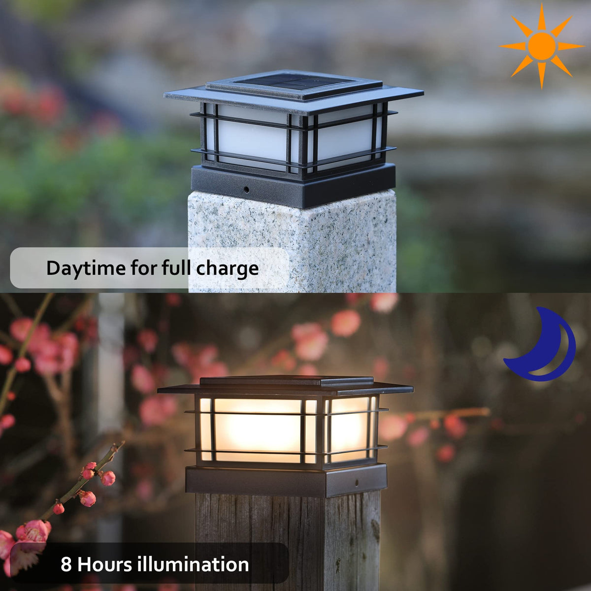 Dynaming post-cap base fits 4x4 posts for quick mounting.