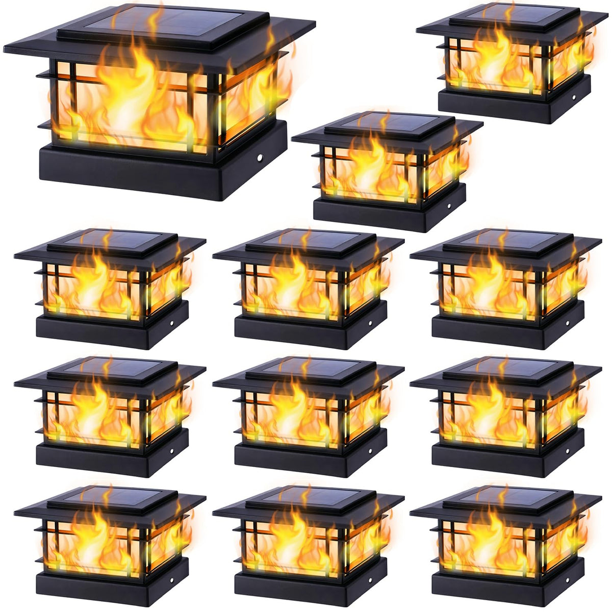 Dynaming solar post-cap light with flame close-up adds warm ambiance to 4x4 posts.