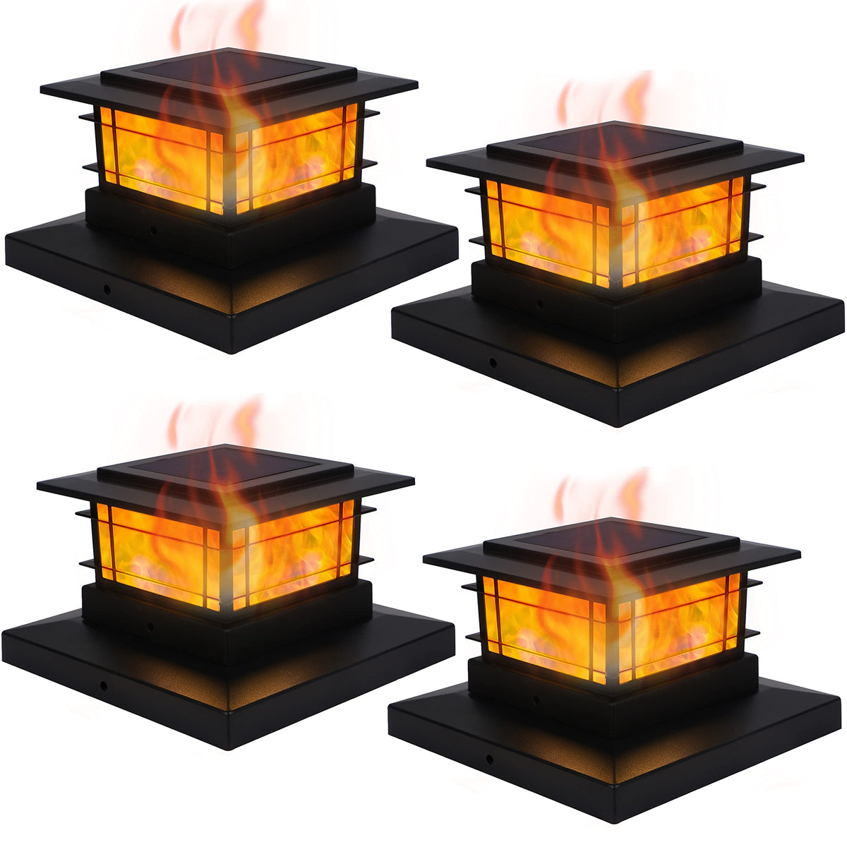 Dynaming four-pack solar post cap lights with warm flamelike glow for outdoor spaces