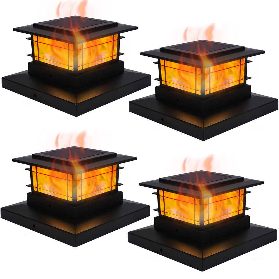 Dynaming four-pack solar post cap lights with warm flamelike glow for outdoor spaces