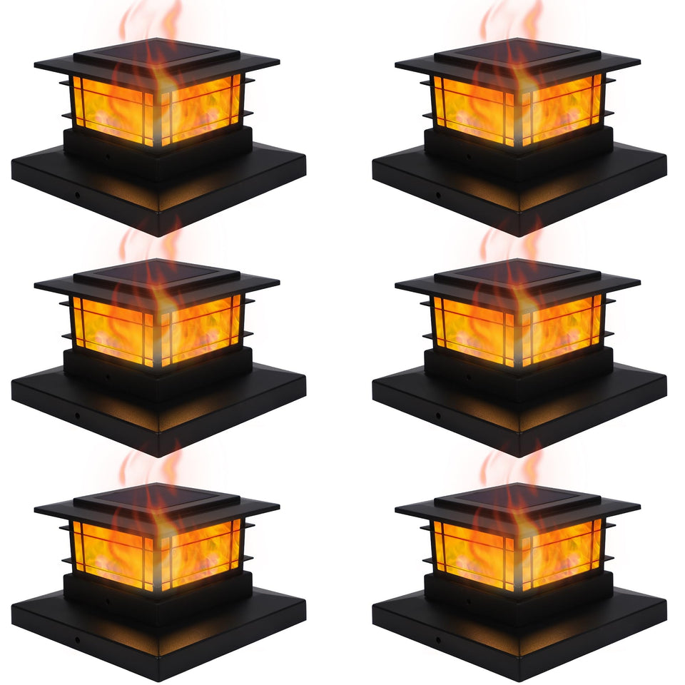 Dynaming solar post cap light with flickering flame creates warm garden ambiance