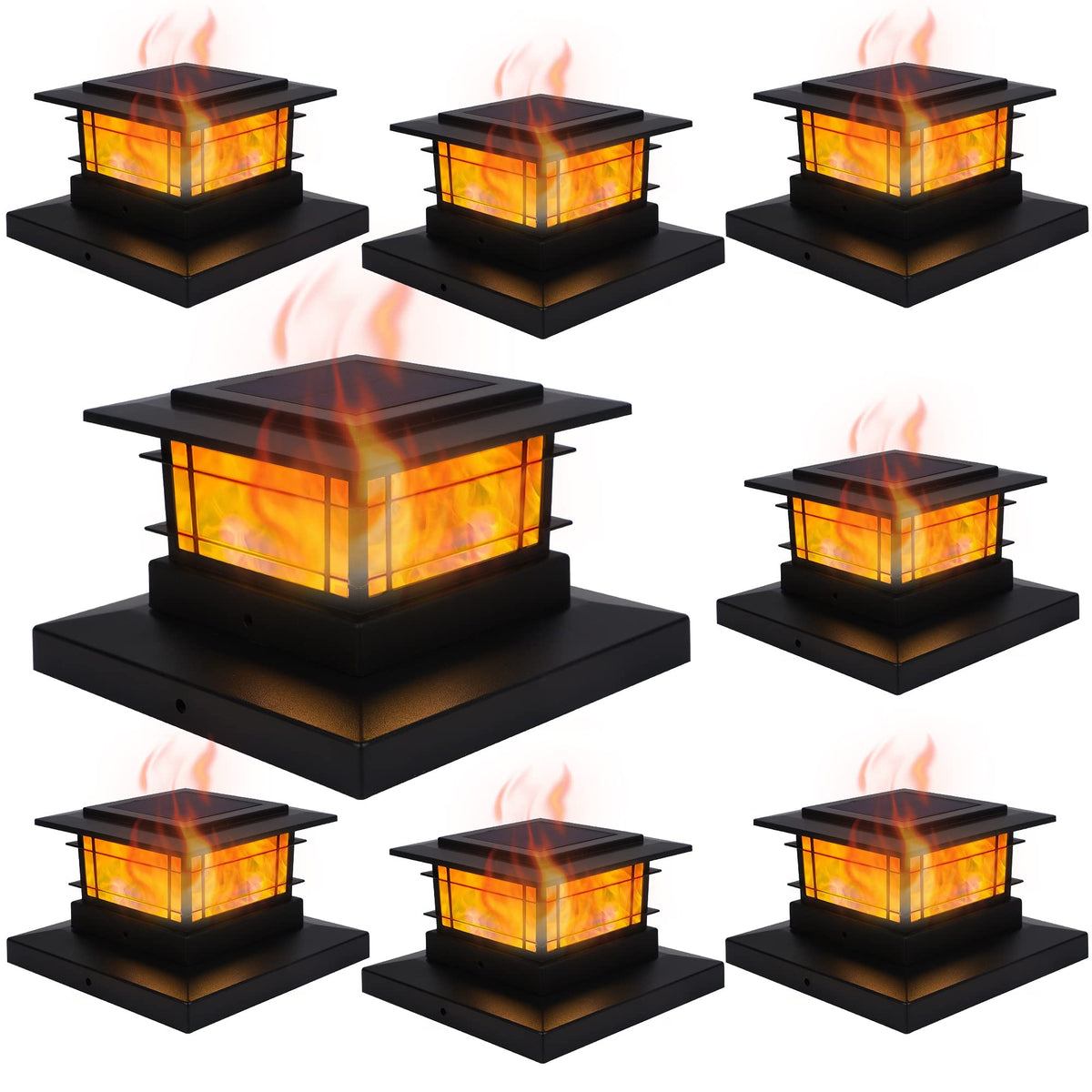 Dynaming solar post cap light with flame assembly for elegant fence decor.