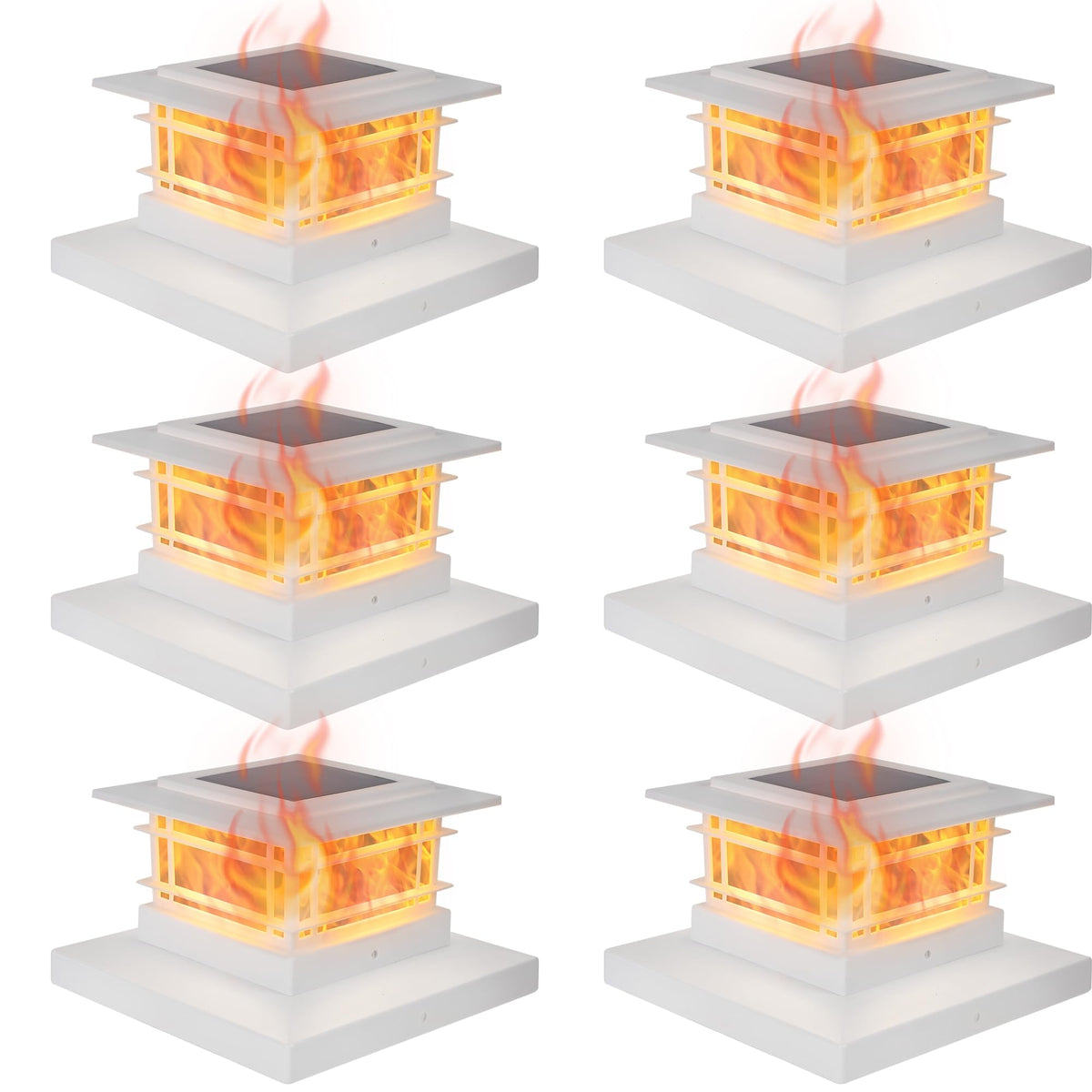 Dynaming six-pack solar post cap lights with flickering flame glow on fence post for ambiance