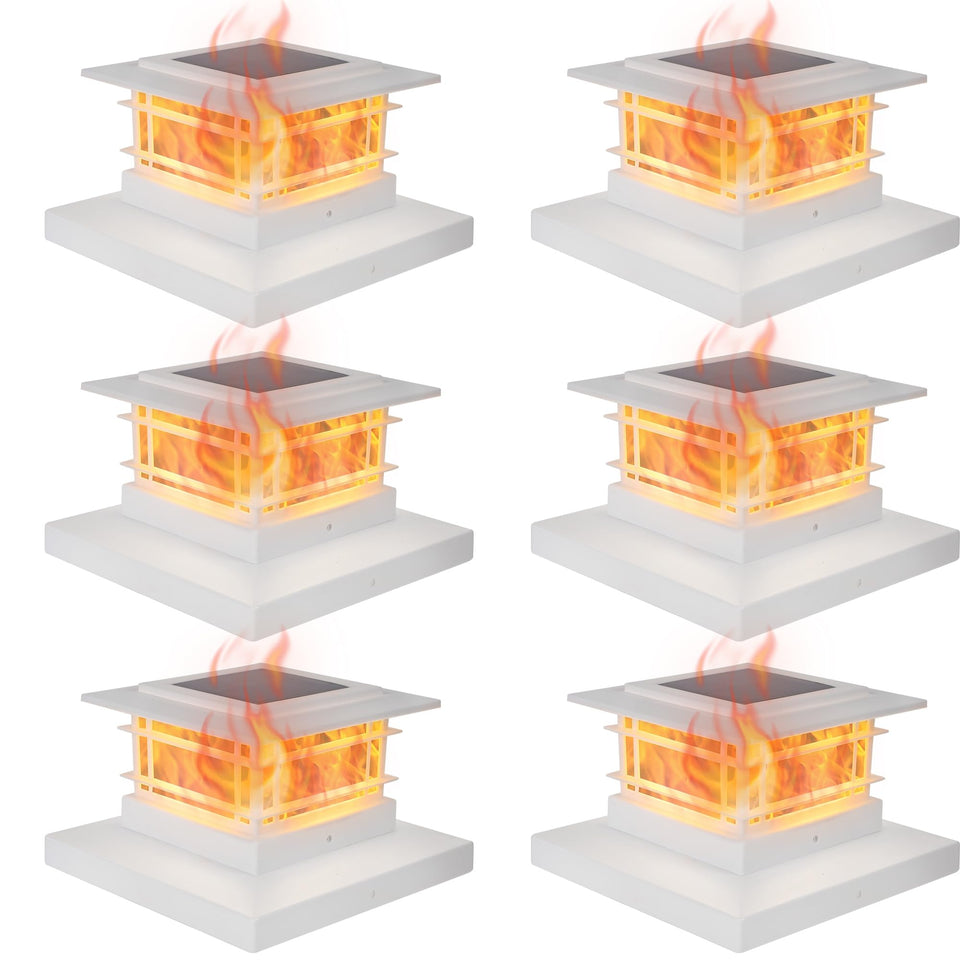Dynaming six-pack solar post cap lights with flickering flame glow on fence post for ambiance