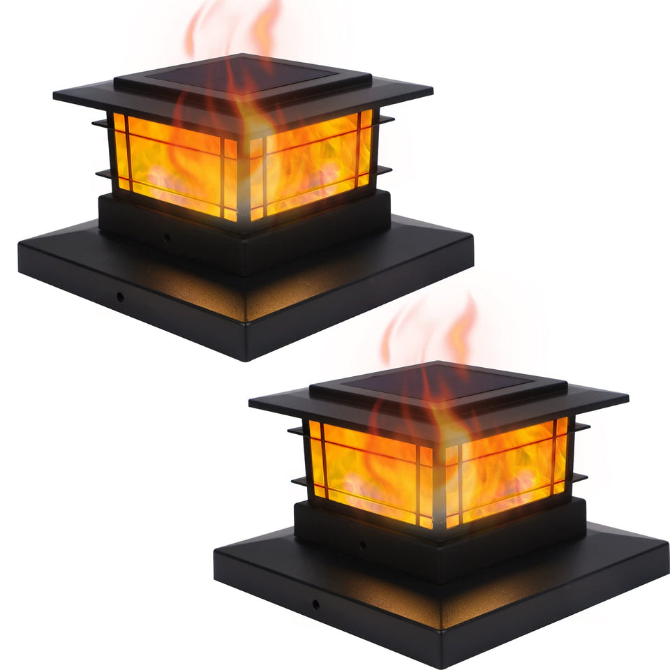 Dynaming solar post-cap light with flickering flame for garden ambiance
