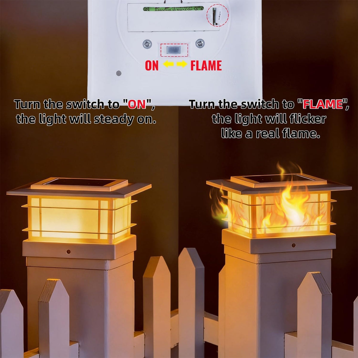 Dynaming porch-decor flame-style solar cap lighting on railing