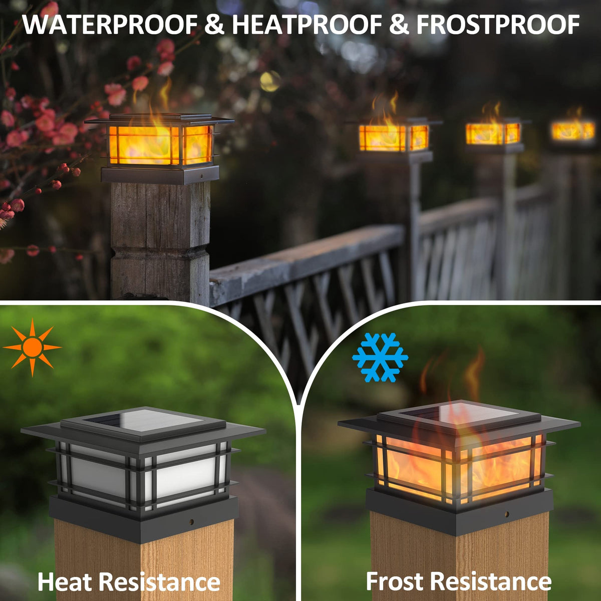 Dynaming yard pathway lit by warm solar post-cap lights