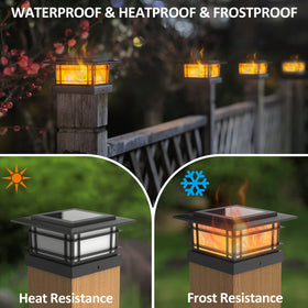 Dynaming yard pathway lit by warm solar post-cap lights