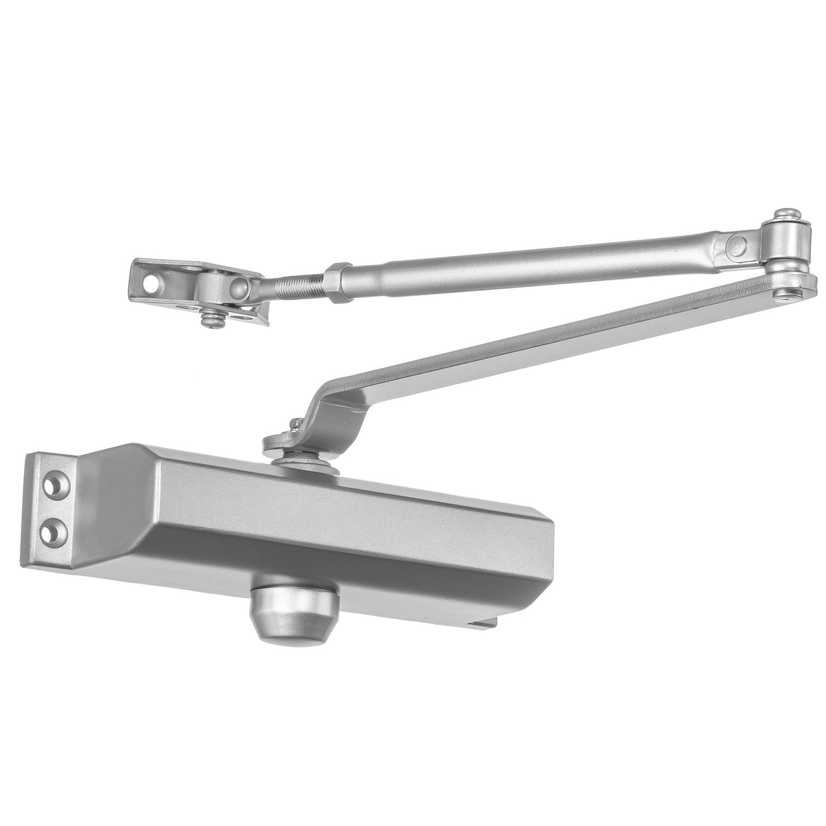 Dynasty Hardware 2000 Series closer front view shows sprayed aluminum finish for durable interior doors.