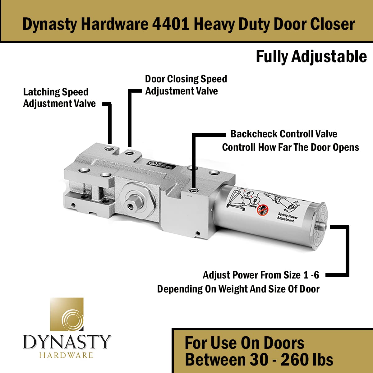 Dynasty Hardware 4401 ADA-compliant door closer for accessible entrances.