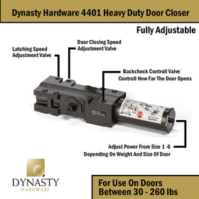 Dynasty Hardware 4401 adjustable dials enable precise closing and latching control.