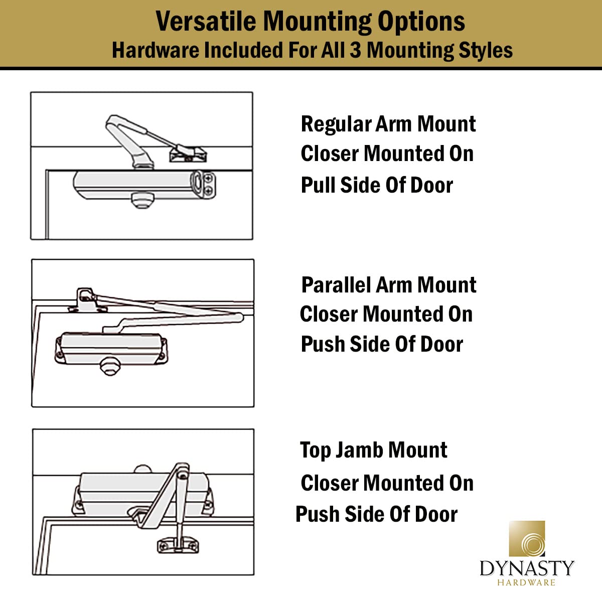 Dynasty Hardware 4401 installation kit included for wood and metal doors.
