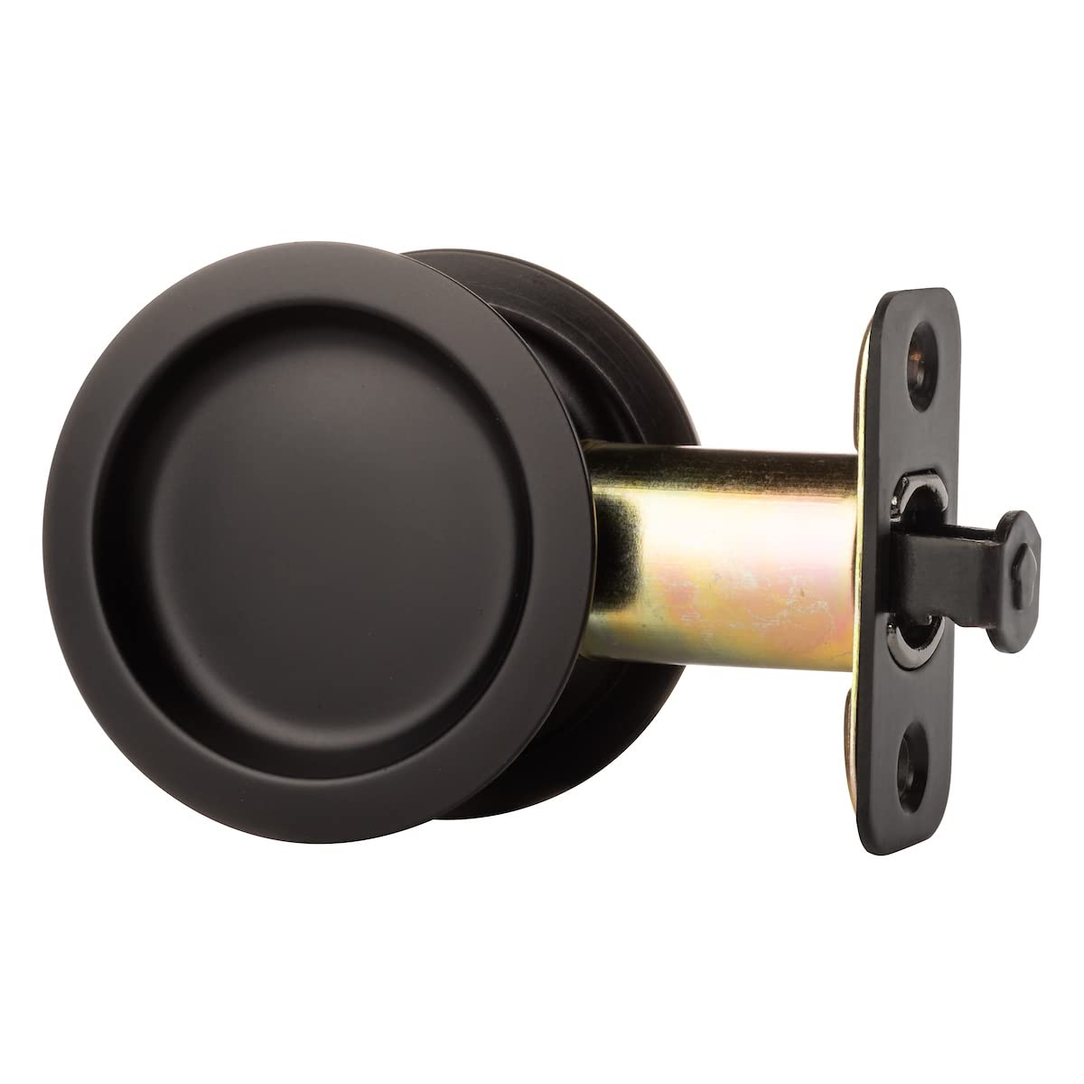 Dynasty Hardware pocket door latch with round handle in flat black for interior doors.