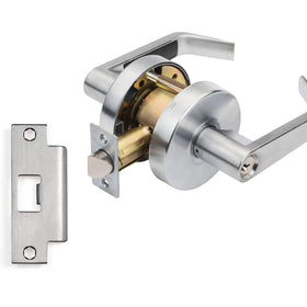 Dynasty Hardware storeroom lock backset latch illustrates standard compatibility for doors.
