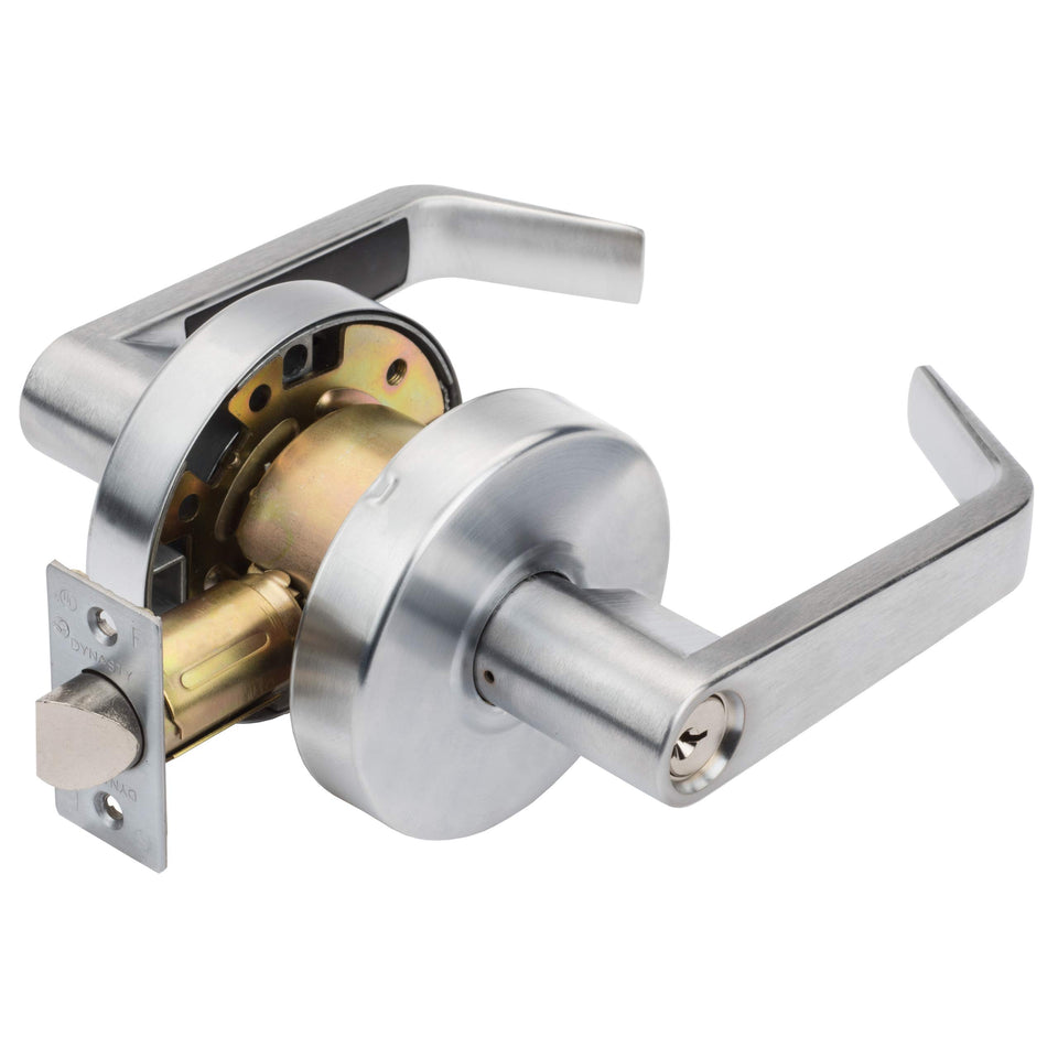 Dynasty Hardware storeroom lock front view with satin chrome finish for durable commercial use.