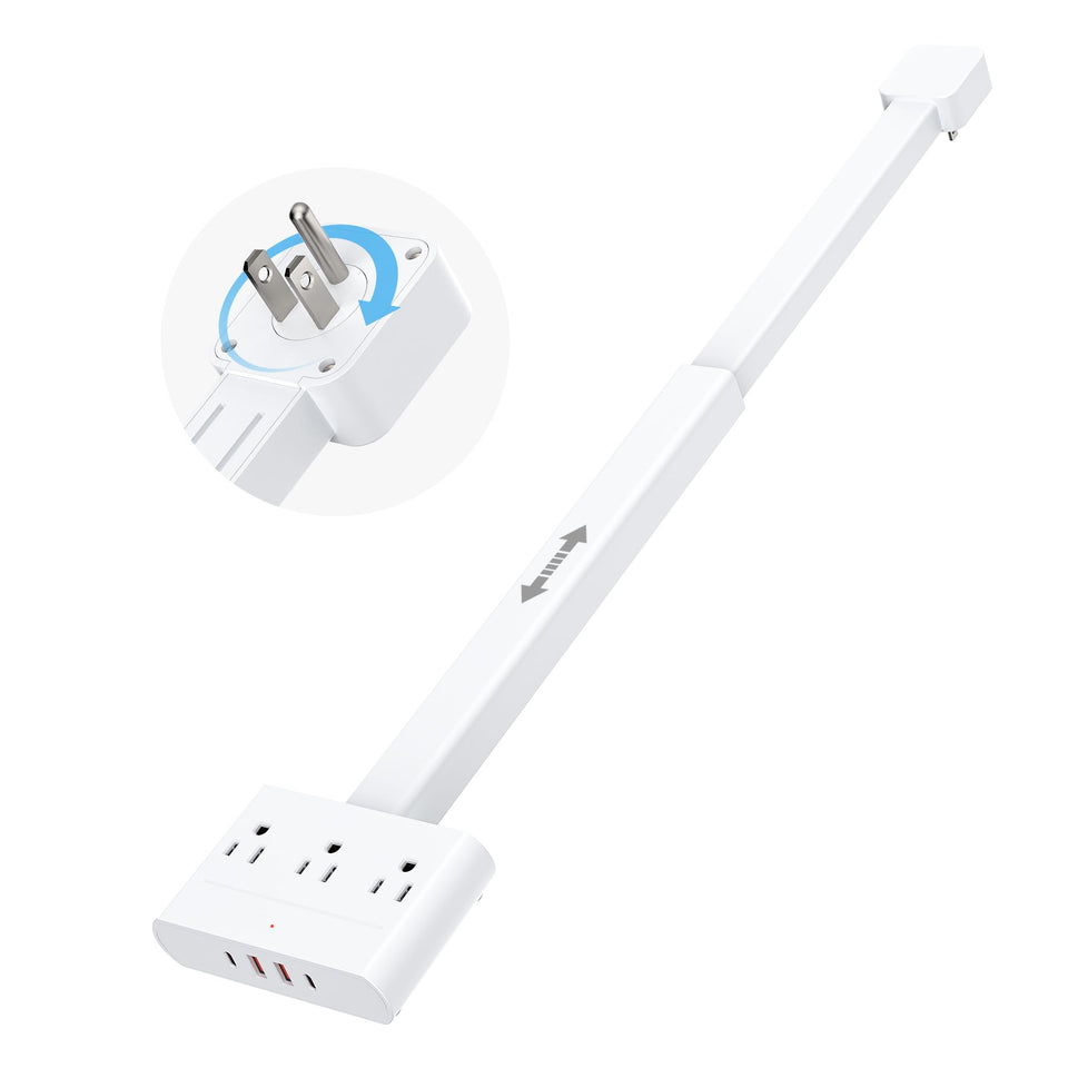 DYZYCLICAL outlet extender with 360° rotation behind furniture for easy access.