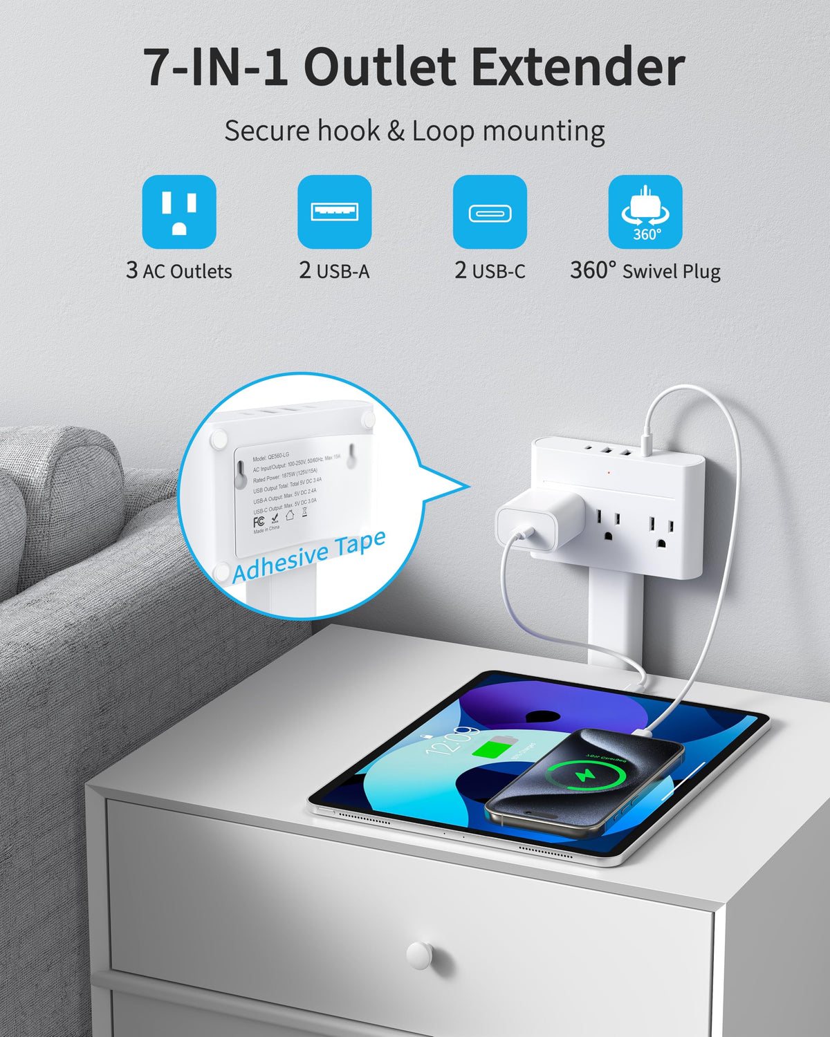 DYZYCLICAL all-in-one outlet with 3 AC, USB-A, and USB-C ports for devices.